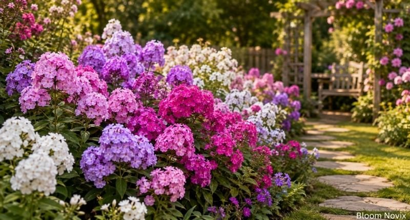 Colorful phlox flowers growing in a peaceful cottage garden