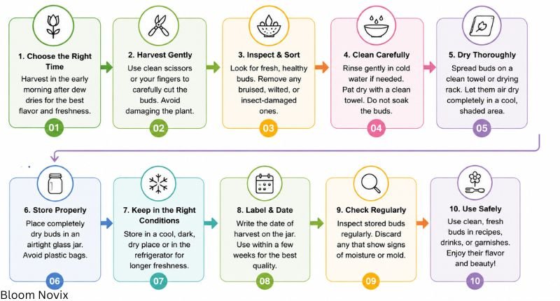 Flowchart infographic showing the safe process of harvesting, cleaning, drying, storing, labeling, and using edible flower buds.