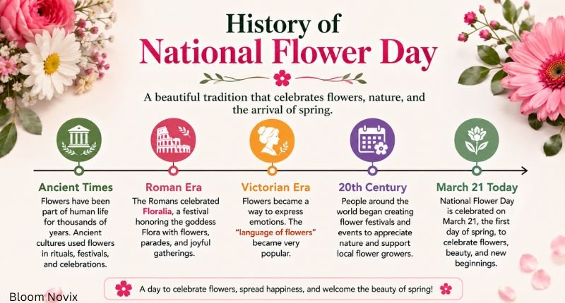 Timeline showing the History of National Flower Day, from ancient flower traditions to the modern March 21 celebration.