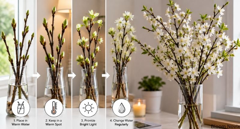Step-by-step illustration showing flower buds placed in water indoors, progressing from closed buds to fully blooming branches with proper warmth, light, and care.