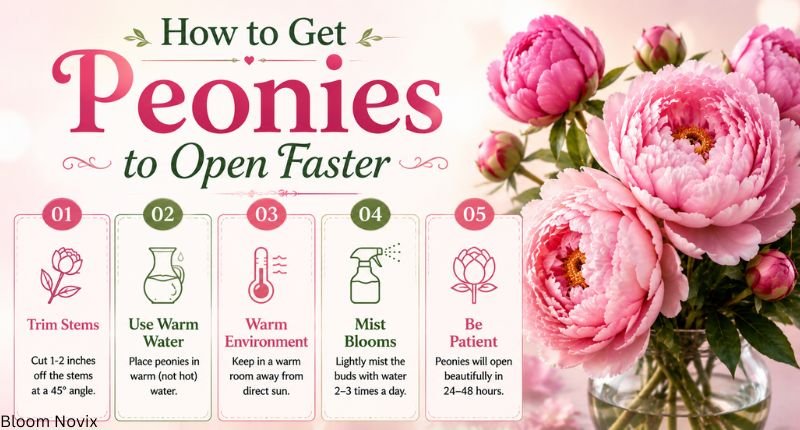 Step-by-step guide showing how to get peony buds to open faster using simple flower-care methods.