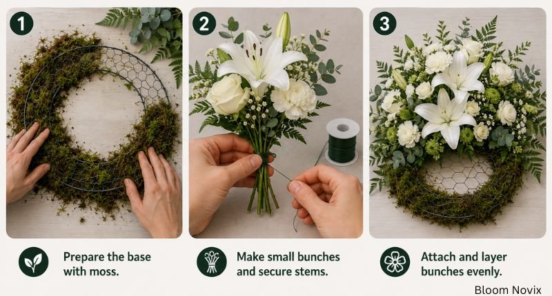 Step-by-step foam-free funeral flower arrangements using a moss-covered wire frame, flower bunches, and layered greenery