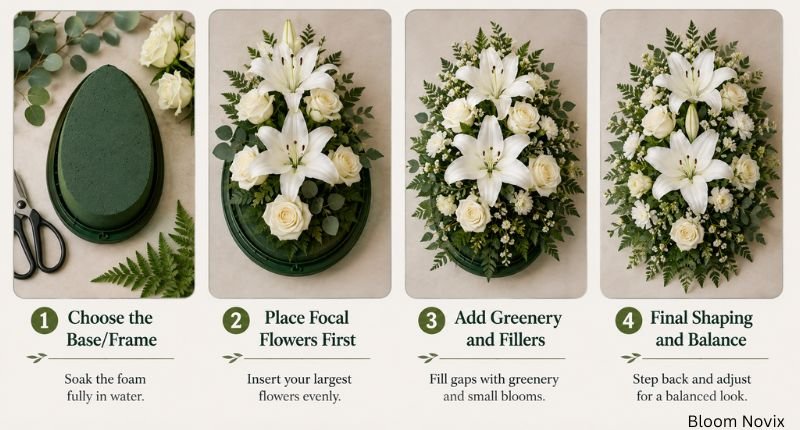 Step-by-step funeral flower arrangements showing foam base, focal flowers, greenery, fillers, and final shaping