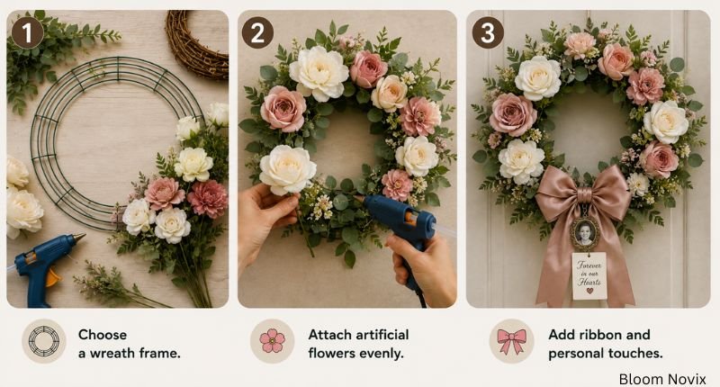 DIY funeral flower arrangements with an artificial flower wreath, wire frame, faux flowers, ribbon, and memorial keepsake