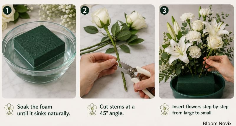 Step-by-step funeral flower arrangements using soaked floral foam, angled flower stems, and flower insertion