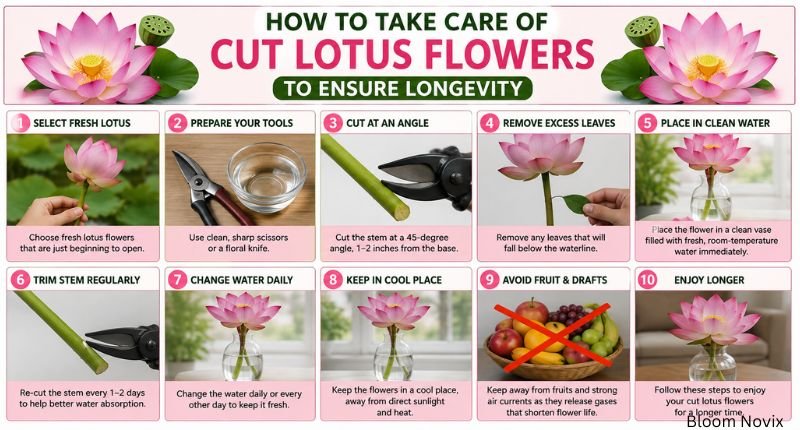 Step-by-step guide showing how to care for cut lotus flowers during lotus flower season for longer-lasting fresh blooms.