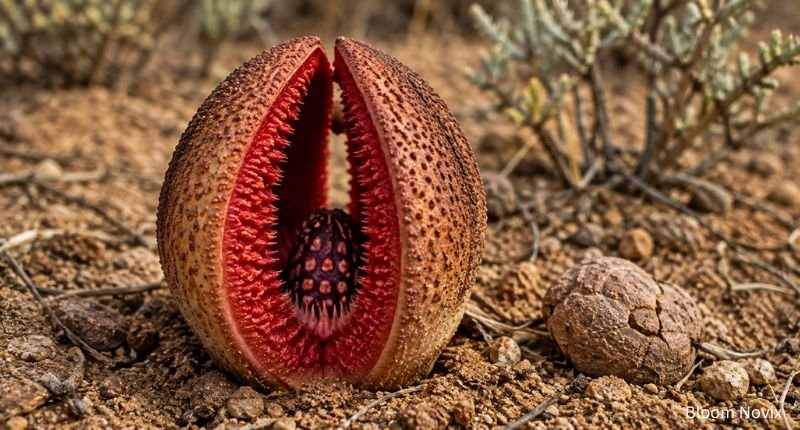 Hydnora Africana emerging from dry desert soil, one of the strangest ugly flower names with a bizarre parasitic bloom.