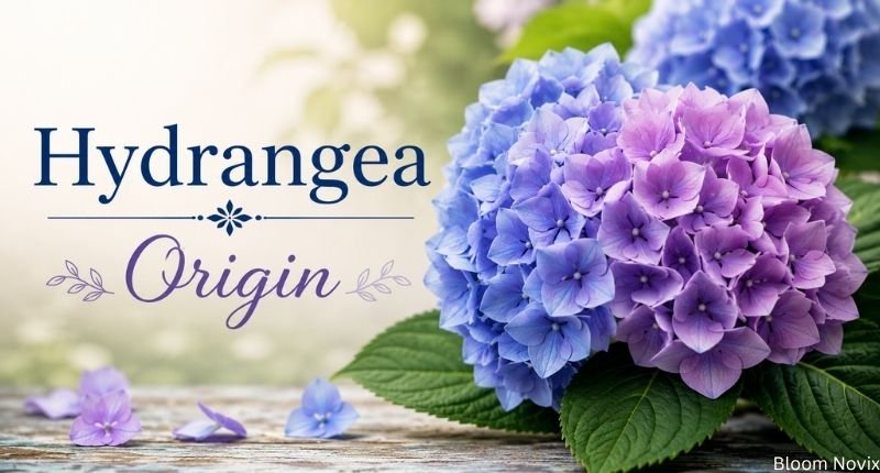 Hydrangea origin with blue and purple hydrangea flowers in a garden setting