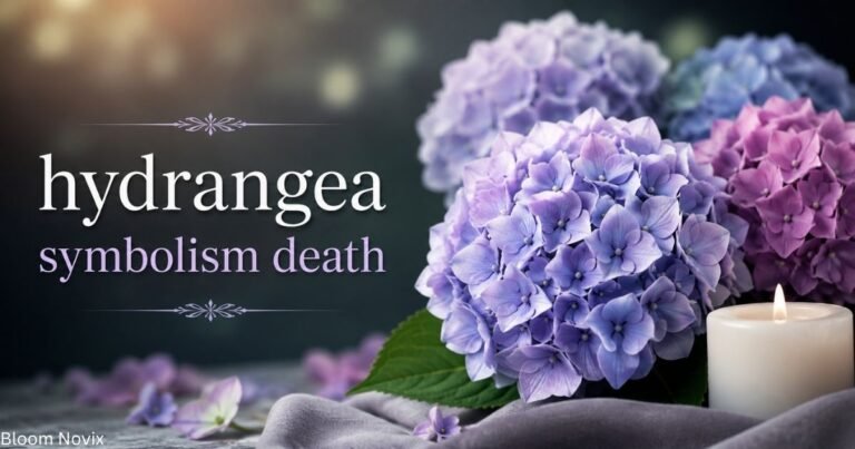 Hydrangea symbolism death with blue and purple flowers, candle, and memorial setting