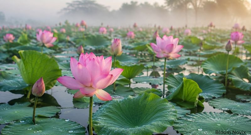 Lotus flower season during January to March with fresh pink lotus blooms in a tropical pond under soft morning light.