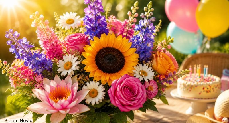 Colorful summer birthday flowers featuring sunflowers, roses, daisies, larkspur, and water lilies in a festive garden setting.