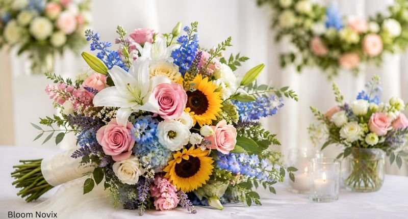 Elegant July wedding bouquet featuring roses, lilies, sunflowers, blue flowers, and fresh greenery.