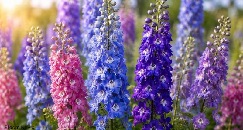Colorful blue, purple, and pink larkspur flowers blooming in a sunny summer garden.