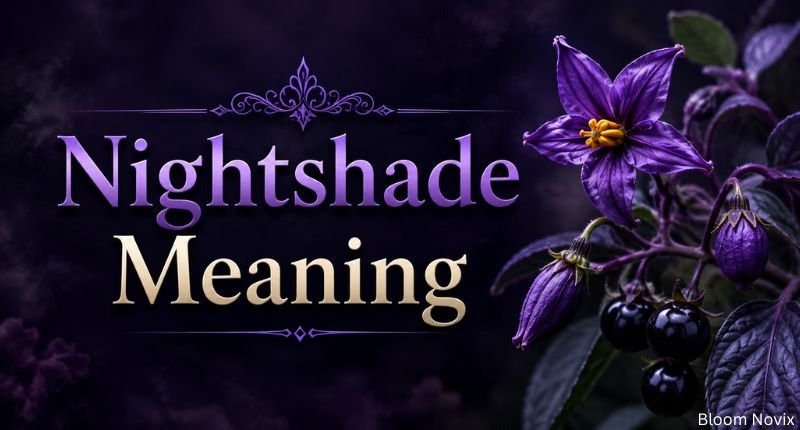 Nightshade meaning text with a detailed purple nightshade flower, buds, dark leaves, and glossy black berries on a dark purple background.
