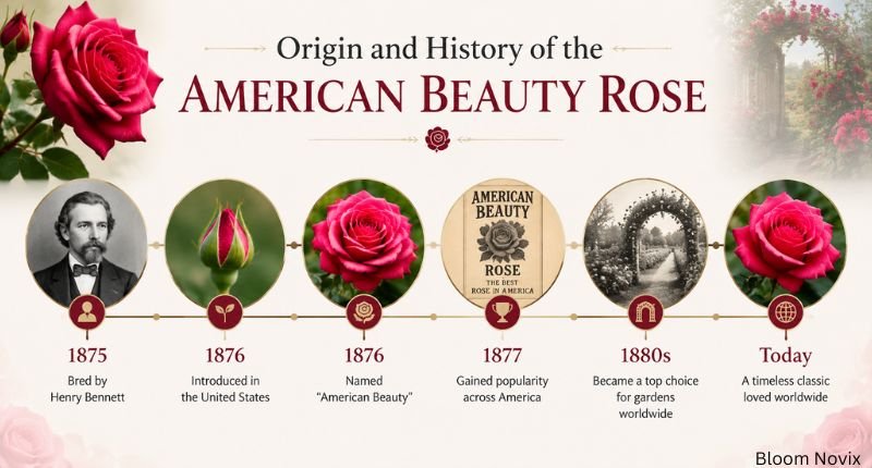 Timeline infographic showing the Origin and History of the American Beauty Rose from its 19th-century beginnings to its lasting popularity worldwide.