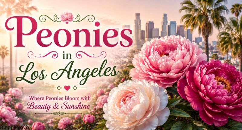 Beautiful pink peonies blooming against the Los Angeles skyline and palm trees.