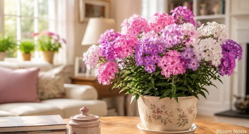 Pink, purple, and white phlox flowers in a cozy home symbolizing household peace and family harmony