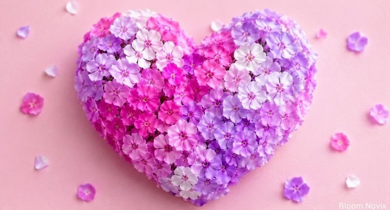 Heart-shaped arrangement of pink and purple phlox flowers representing love