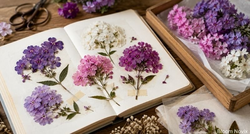 Pressed and preserved phlox flowers arranged in a botanical journal