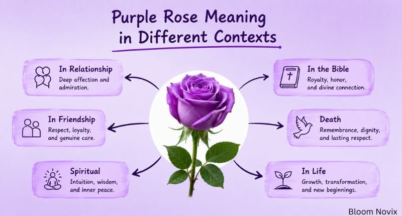 Purple rose meaning in different contexts, showing relationship, friendship, spiritual meaning, biblical symbolism, remembrance, and personal growth.