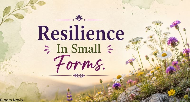 Wildflowers showing resilience in small forms while growing among rocks and greenery