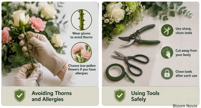 Safe funeral flower arrangements preparation with gardening gloves, thorn protection, floral scissors, and clean tools