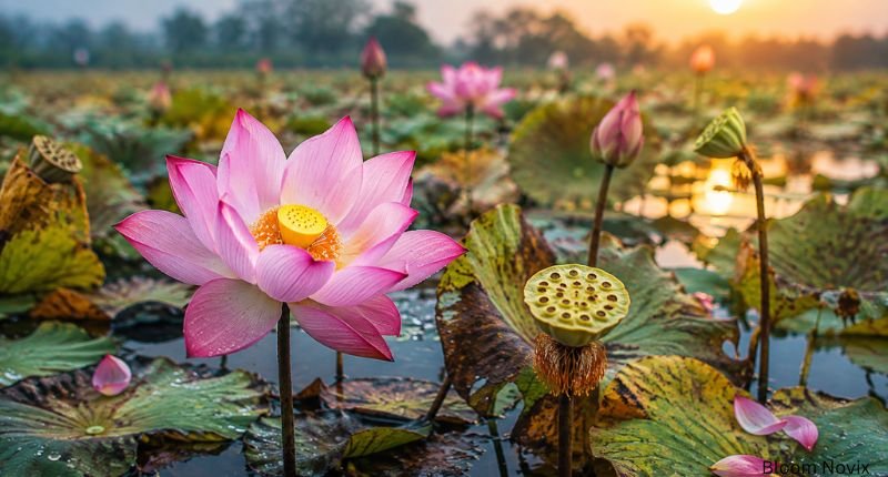 Lotus flower season in September and October showing late blooms, mature seed pods, and autumn pond foliage.