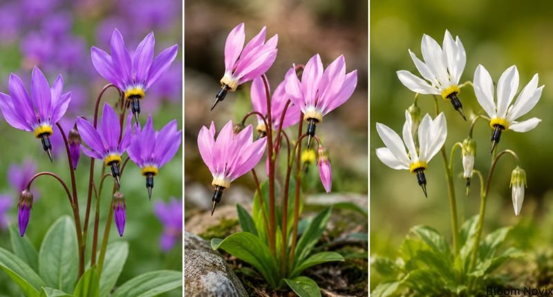 Purple, pink, and white shooting star flowers showing different symbolic meanings