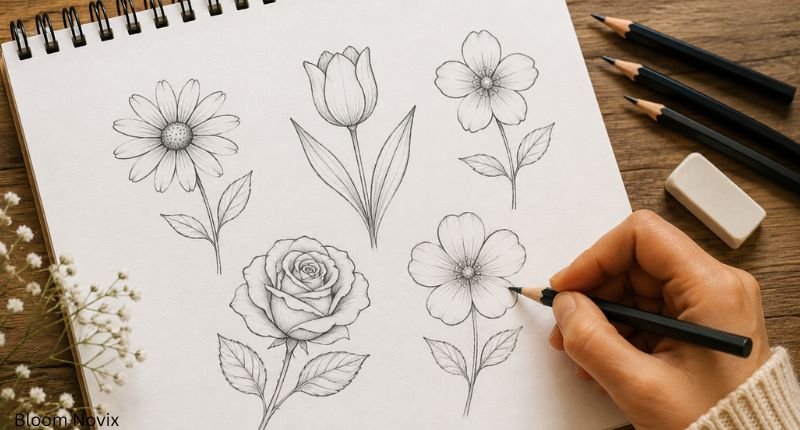 Simple flower drawing designs for beginners with pencil sketches of daisy, tulip, rose, and five-petal flowers