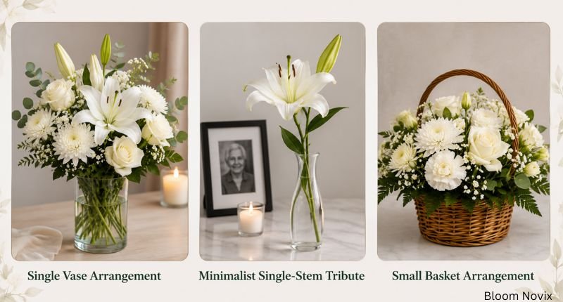 Three funeral flower arrangements including a single vase, single-stem lily tribute, and small flower basket