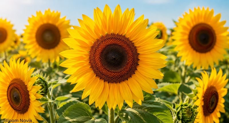 Bright golden sunflower blooming in a sunny field surrounded by other summer sunflowers.