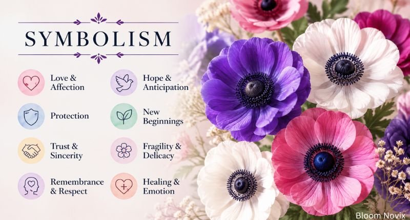 Anemone flower symbolism with colorful blooms representing love, hope, protection, and remembrance