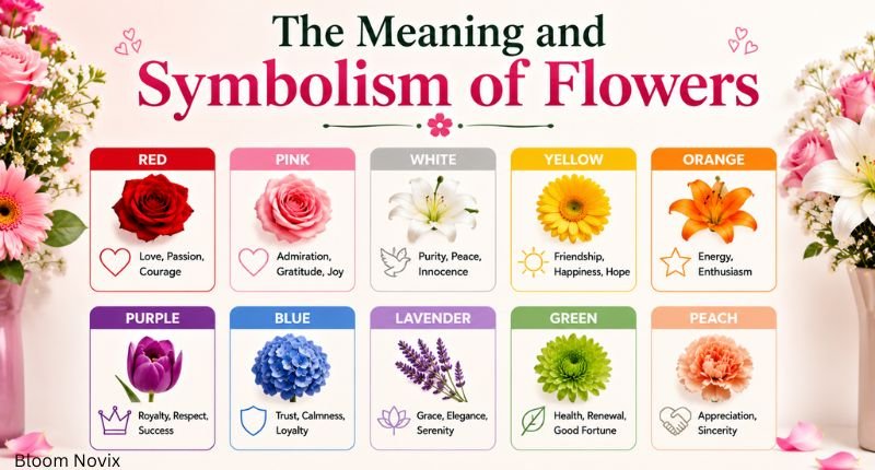 Colorful infographic showing the meaning and symbolism of flowers with different flower colors representing love, friendship, peace, hope, and happiness.