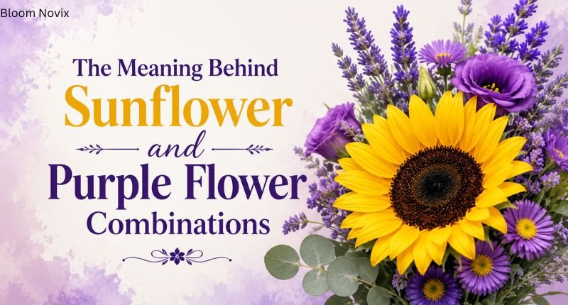 Sunflower and purple flower meaning explained with a bright sunflower and purple floral arrangement showcasing beauty, elegance, and symbolism.