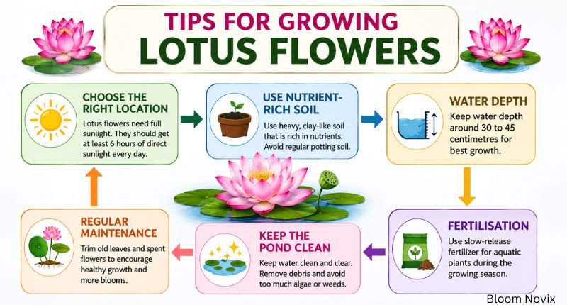Step-by-step infographic with practical lotus flower season growing tips including sunlight, soil, water depth, fertilizer, and pond care.