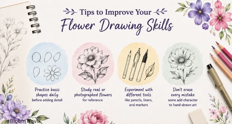 Tips for improving flower drawing skills with practice sketches, flower references, drawing tools, and floral artwork