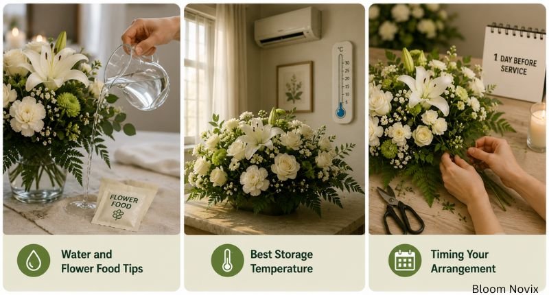 Funeral flower arrangements care tips showing flower food, cool storage, watering, and timing before the service