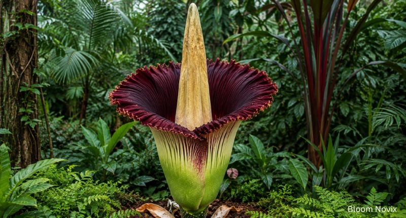 Close-up of the giant Titan Arum, one of the most famous ugly flower names, blooming in a tropical rainforest setting.