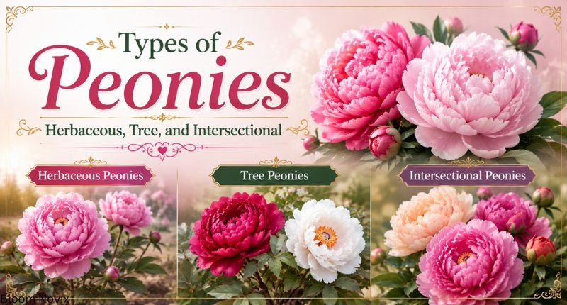 Three types of peonies showing herbaceous, tree, and intersectional peony varieties.