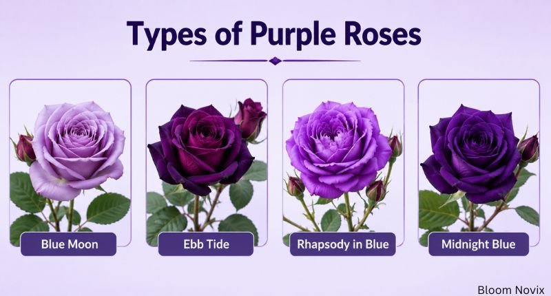 Four types of purple roses labeled Blue Moon, Ebb Tide, Rhapsody in Blue, and Midnight Blue on a light lavender background.