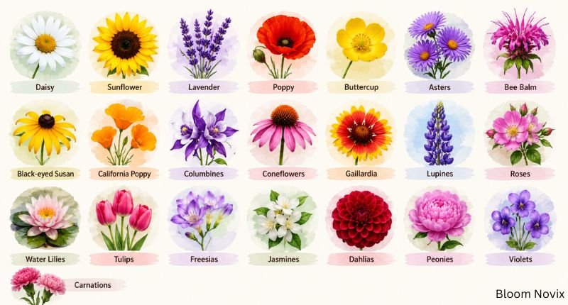 Types of wildflowers and their meanings shown with daisies, sunflowers, poppies, lavender, and other flowers