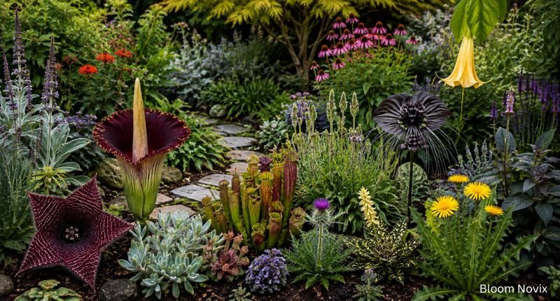 Beautiful garden filled with unusual plants and ugly flower names like Bat Flower, Titan Arum, Angel's Trumpet, Thistle, and Carnivorous Plants.