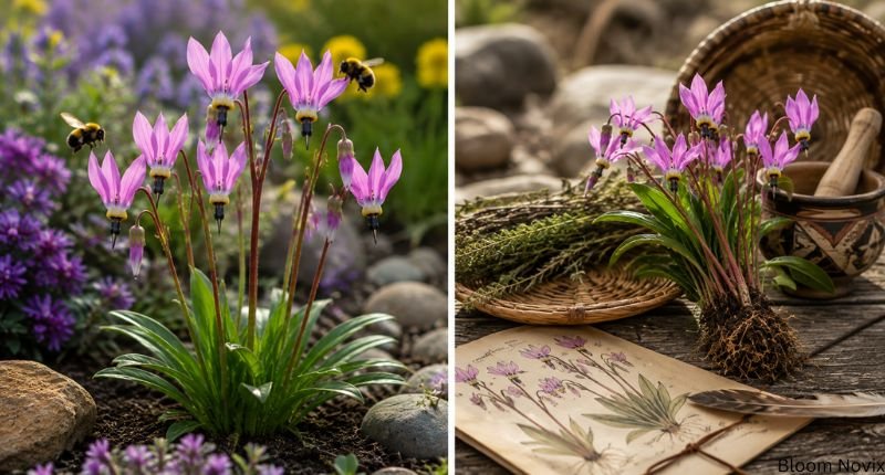 Shooting star flowers in a garden with bumblebees and traditional botanical plant materials