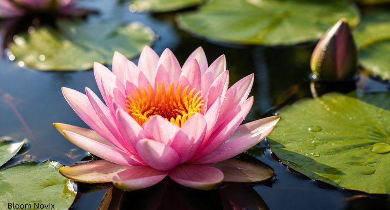Pink water lily blooming on a peaceful pond surrounded by green lily pads.