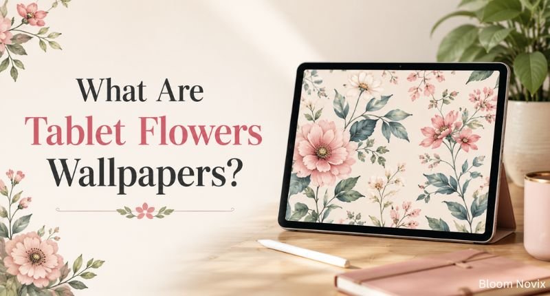 What Are Tablet Flowers Wallpapers heading with a tablet displaying a floral wallpaper on a desk