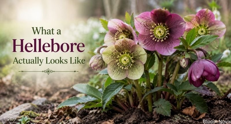 What a hellebore actually looks like with pink, purple, and cream flowers blooming in a garden.