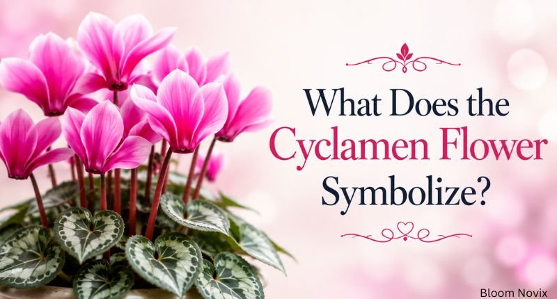 Pink cyclamen flowers with What Does the Cyclamen Flower Symbolize? heading and Cyclamen Flower Meaning on the right side.