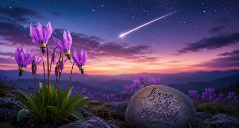 Purple shooting star flowers beneath a night sky with a bright shooting star symbolizing hope and renewal