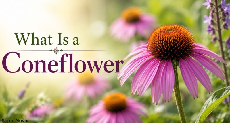Close-up of a vibrant purple coneflower with its distinctive orange-brown center growing in a lush garden.