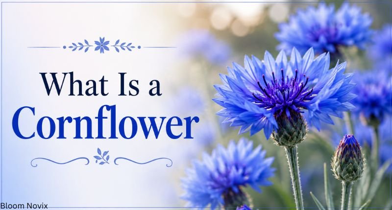 Cornflower Meaning – close-up of a bright blue cornflower blooming with green stems and buds